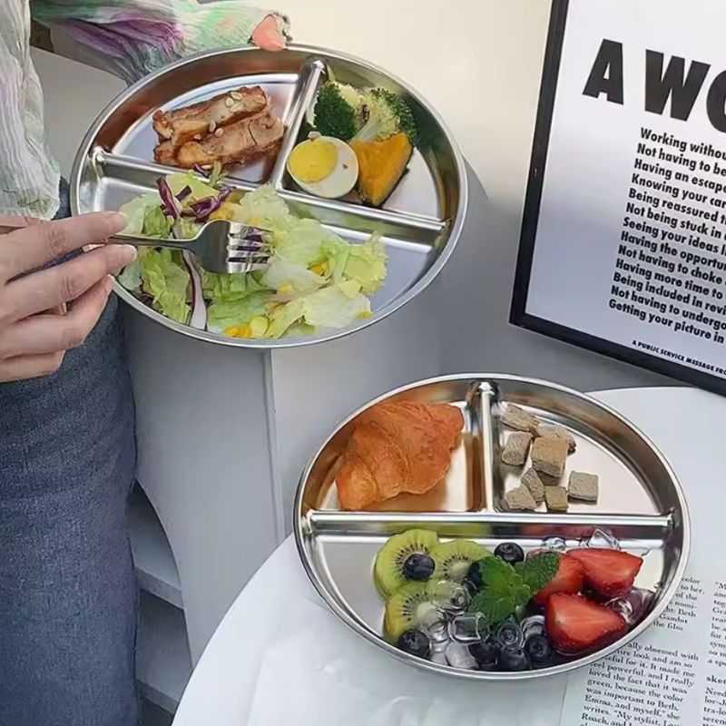 304 Stainless Steel Portion Control Plates - 9-Inch Round Divided Food Trays for Kids & Adults