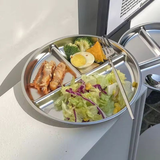 304 Stainless Steel Portion Control Plates - 9-Inch Round Divided Food Trays for Kids & Adults