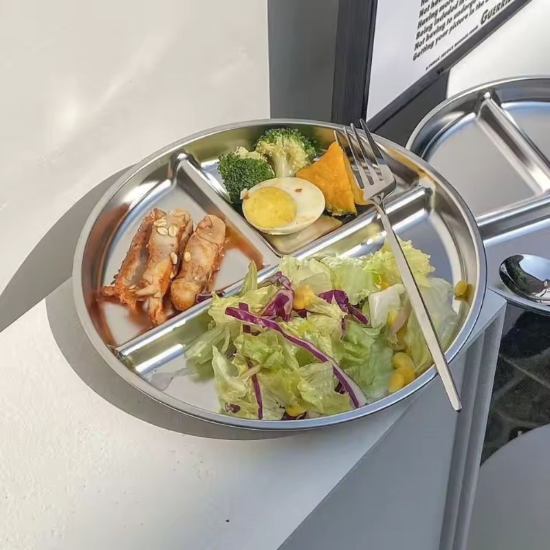 304 Stainless Steel Portion Control Plates - 9-Inch Round Divided Food Trays for Kids & Adults