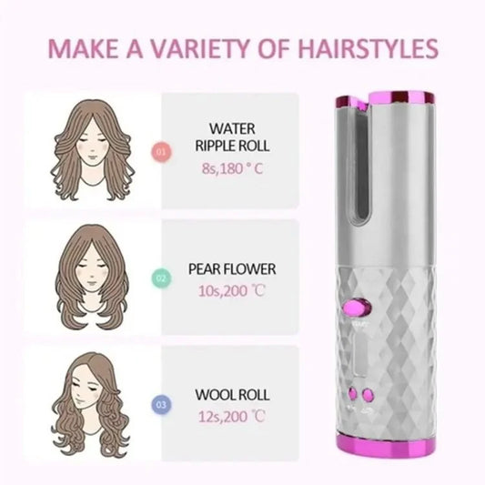 Cordless Automatic Hair Curler – USB Rechargeable Wireless Curling Iron for Effortless Curls & Waves with LCD Display