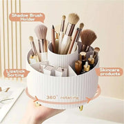 360° Rotating Makeup Organizer – 5-Compartment Desktop Cosmetic Storage Box – Multi-Functional Spin Holder for Makeup Brushes, Lipsticks, and Eyebrow Pencils – Compact Vanity Table Stationery Organizer