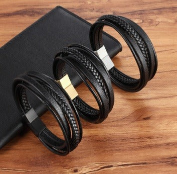 Bracelet en cuir multi-couches pour homme – Lanières tressées et lisses avec fermoir magnétique