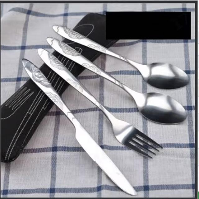 3PCS Portable Stainless Steel Cutlery Set – Printed Knife, Fork & Spoon with Bag for Camping & Dining
