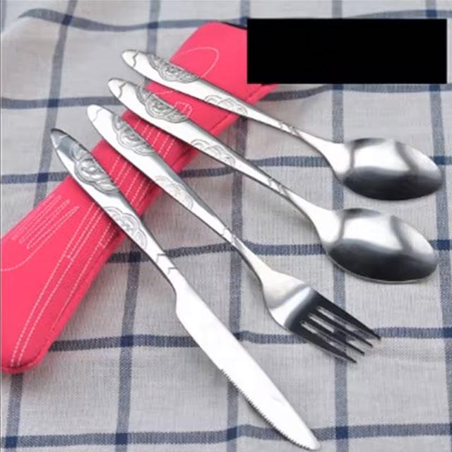 3PCS Portable Stainless Steel Cutlery Set – Printed Knife, Fork & Spoon with Bag for Camping & Dining