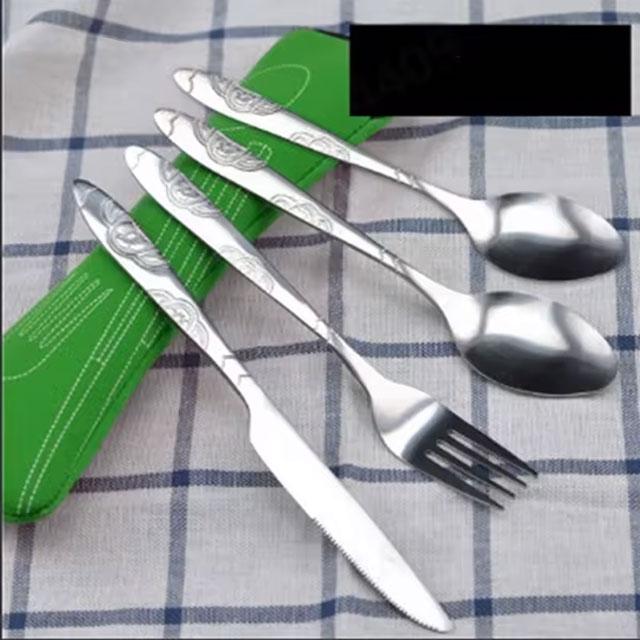 3PCS Portable Stainless Steel Cutlery Set – Printed Knife, Fork & Spoon with Bag for Camping & Dining