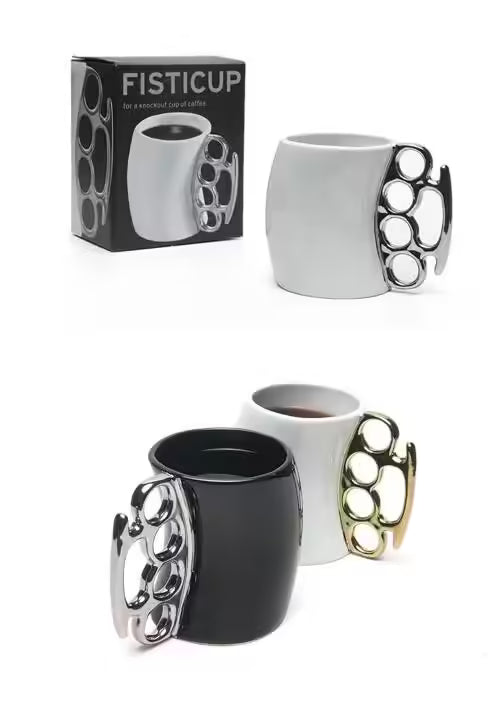 Ceramic Porcelain Coffee Mug with Brass Knuckles Creative Fist Cup, Novelty Gift Idea