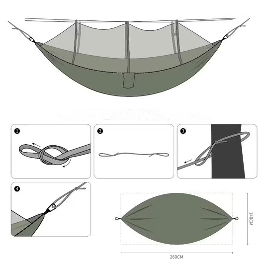 2 Person Camping Hammock with Mosquito Net - Strength Parachute Fabric Sleep Swing, Portable Outdoor Furniture Bed