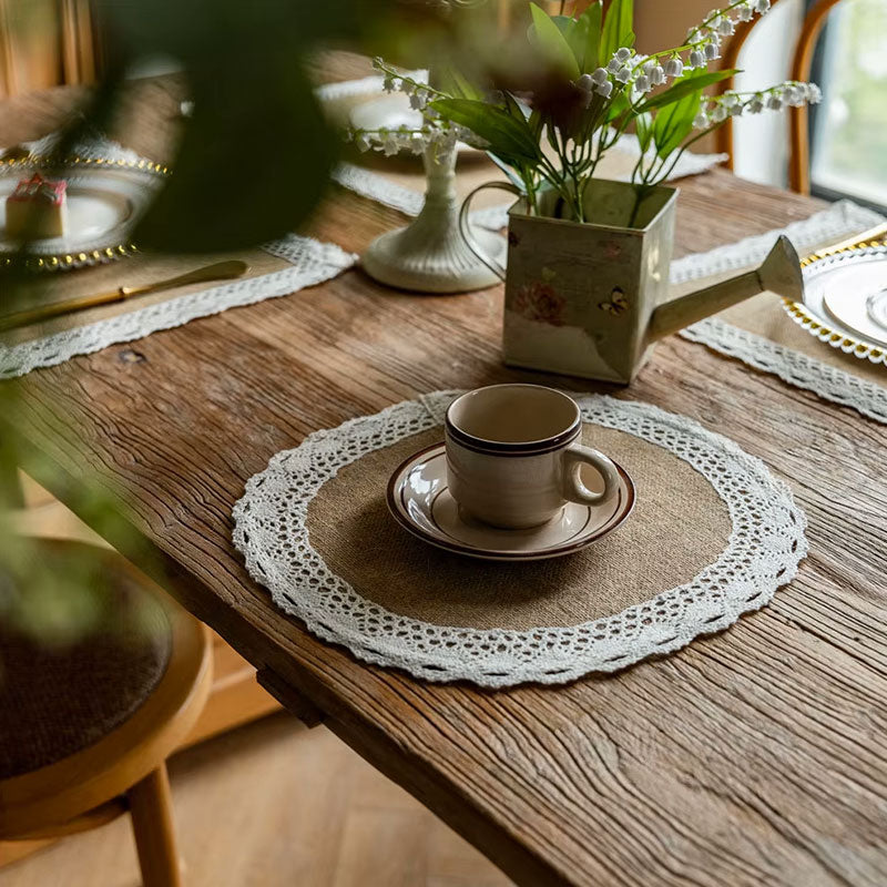 Burlap Woven Placemats | Rustic Braided Natural Jute with Lace Edging | Farmhouse Table Decor for Parties & Daily Dining