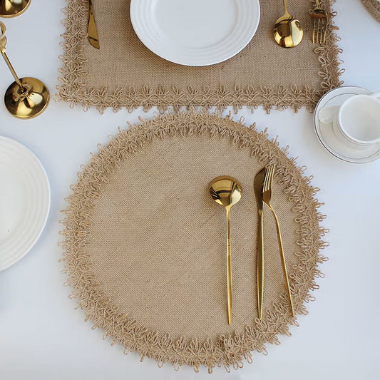 Burlap Woven Placemats | Rustic Braided Natural Jute with Lace Edging | Farmhouse Table Decor for Parties & Daily Dining