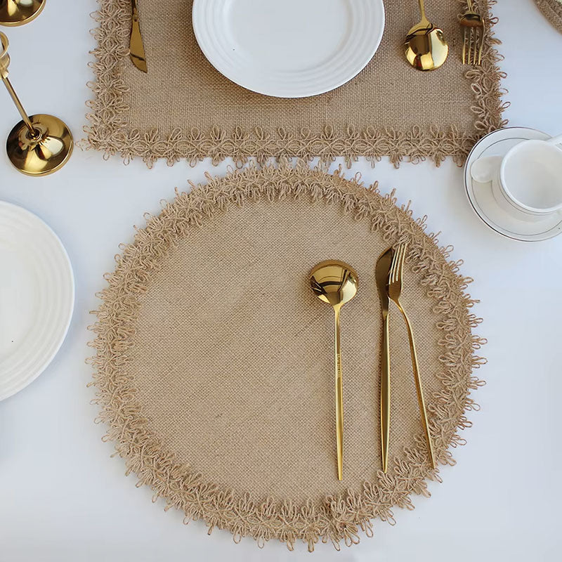 Burlap Woven Placemats | Rustic Braided Natural Jute with Lace Edging | Farmhouse Table Decor for Parties & Daily Dining