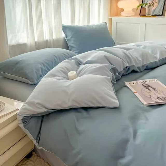 4-Piece 2-Sided Solid Color Brushed Fabric Bedding Set – Duvet Cover, Pillowcases & Bed Sheet (Single/Queen/King)