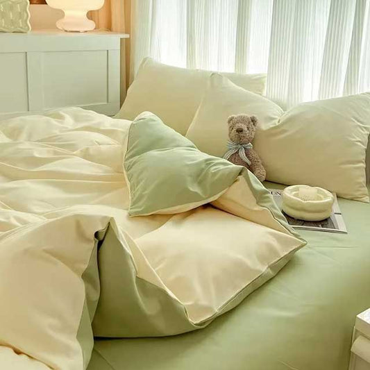 4-Piece 2-Sided Solid Color Brushed Fabric Bedding Set – Duvet Cover, Pillowcases & Bed Sheet (Single/Queen/King)