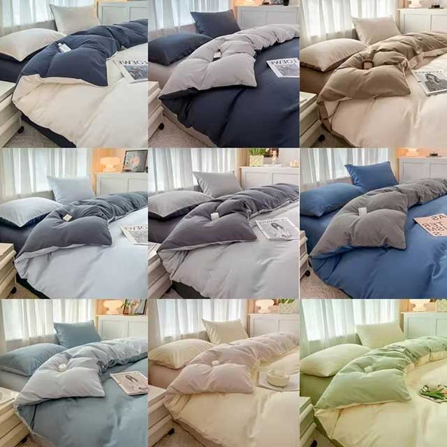 4-Piece 2-Sided Solid Color Brushed Fabric Bedding Set – Duvet Cover, Pillowcases & Bed Sheet (Single/Queen/King)