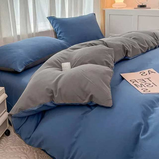 4-Piece 2-Sided Solid Color Brushed Fabric Bedding Set – Duvet Cover, Pillowcases & Bed Sheet (Single/Queen/King)