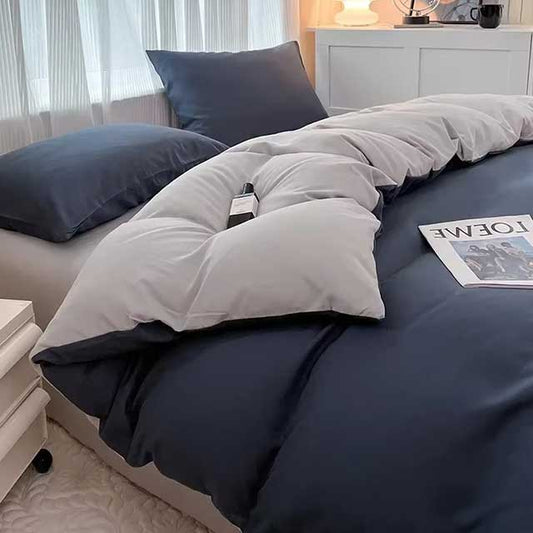 4-Piece 2-Sided Solid Color Brushed Fabric Bedding Set – Duvet Cover, Pillowcases & Bed Sheet (Single/Queen/King)