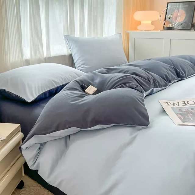 4-Piece 2-Sided Solid Color Brushed Fabric Bedding Set – Duvet Cover, Pillowcases & Bed Sheet (Single/Queen/King)