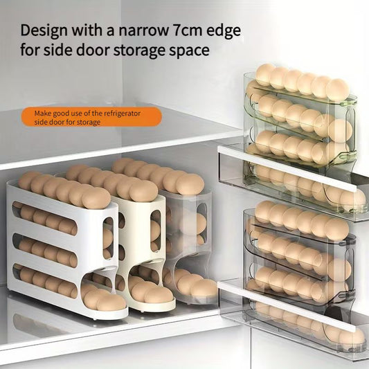 4-Tier Automatic Rolling Egg Rack for Refrigerator – Gravity-Fed Large Capacity Egg Dispenser – Space-Saving Side Door Storage Box & Fridge Organizer for Fresh Eggs