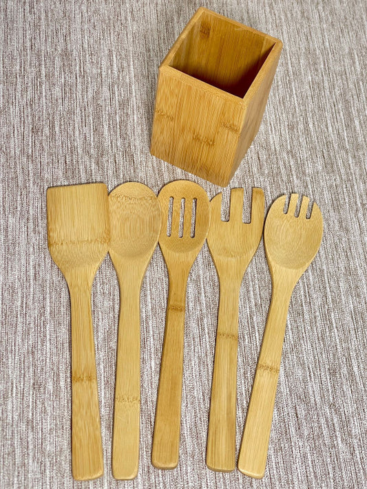 Set of 5 Bamboo Kitchen Utensils with Stand