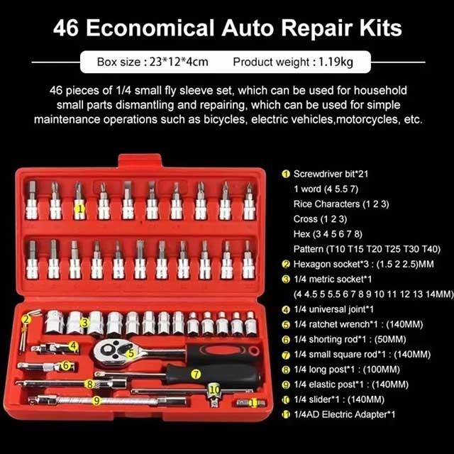 46PCS Car Repair Tool Kit – 1/4-Inch Socket Set with Ratchet Wrench | Auto Mechanic Tool Set for Vehicle Maintenance & Repair