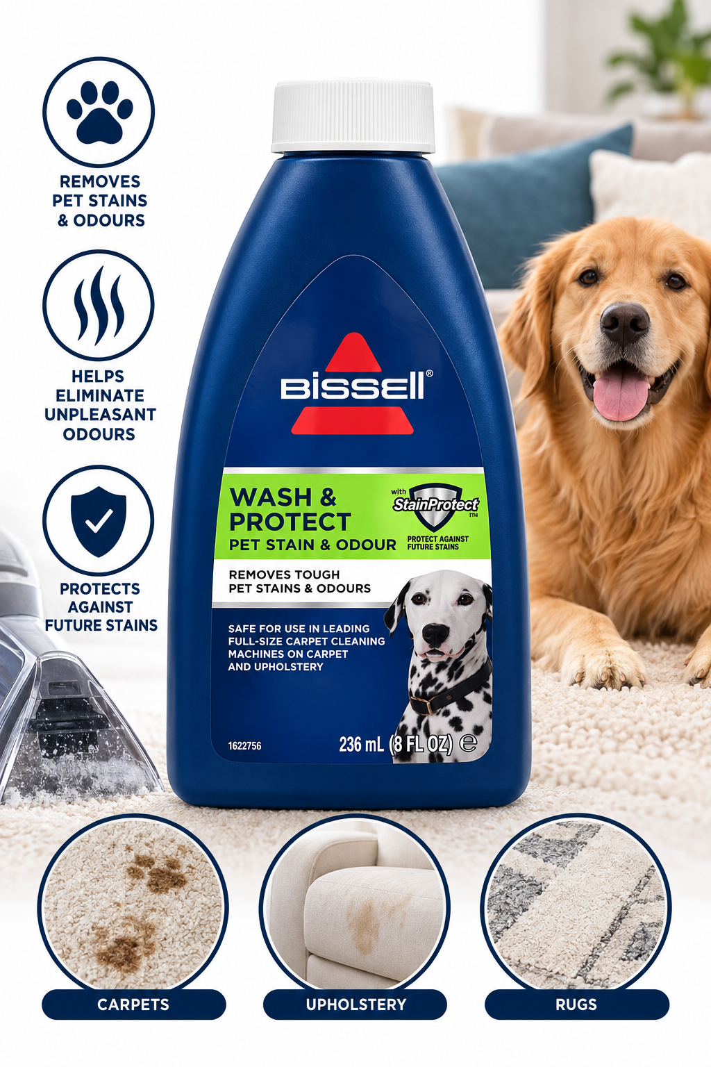 Bissell Wash & Protect Pet Stain & Odour Carpet Cleaner 236ml – Pet Stain Remover for Carpets & Upholstery