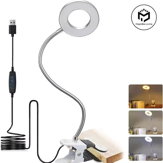 48-LED Clip-on Desk Lamp with 360° Flexible Gooseneck – Eye-Caring USB Reading Light with 10 Brightness Levels & 3 Color Modes – Metal Clamp Book Light for Headboard, Desk, and Study – Polished Steel Finish