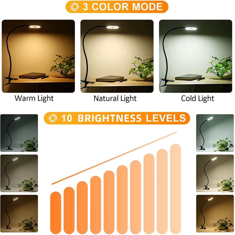 Lampe de bureau à pince 48 LED avec col de cygne flexible à 360° – Lampe de lecture USB anti-fatigue oculaire avec 10 niveaux de luminosité et 3 modes de couleur – Lampe de lecture à pince métallique pour tête de lit, bureau et étude – Finition acier poli