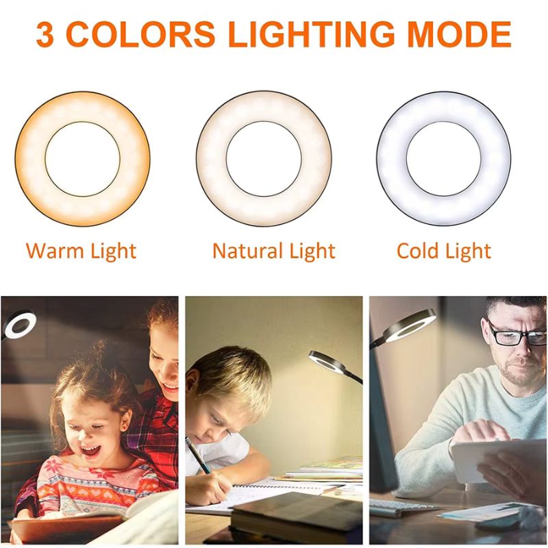 Lampe de bureau à pince 48 LED avec col de cygne flexible à 360° – Lampe de lecture USB anti-fatigue oculaire avec 10 niveaux de luminosité et 3 modes de couleur – Lampe de lecture à pince métallique pour tête de lit, bureau et étude – Finition acier poli