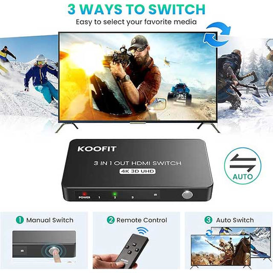 4K HDMI Switch & Splitter 3-in-1 Out with Remote