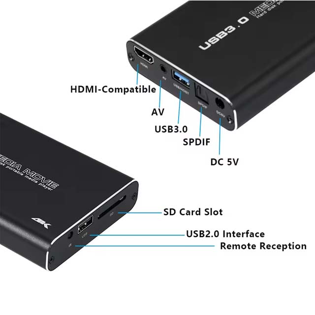 4K USB 3.0 HDD Media Player – Full HD H.265 MKV AVI WMV Support | USB & SD Compatible