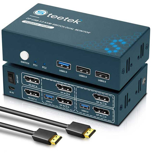 4K@60Hz Dual Monitor DisplayPort KVM Switch – 2-in-2-out for 2 Computers with USB 3.0, Button Control, Includes 4 DP &amp; 2 USB 3.0 Cables