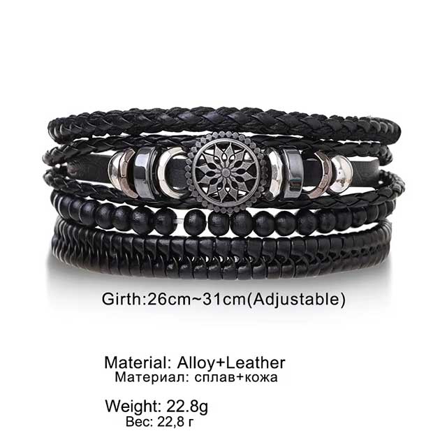 4Pcs Braided Leather Wrap Bracelets for Men – Vintage Tree of Life & Rudder Charm Tribal Wristbands with Wood Beads