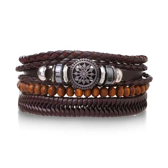 4Pcs Braided Leather Wrap Bracelets for Men – Vintage Tree of Life & Rudder Charm Tribal Wristbands with Wood Beads