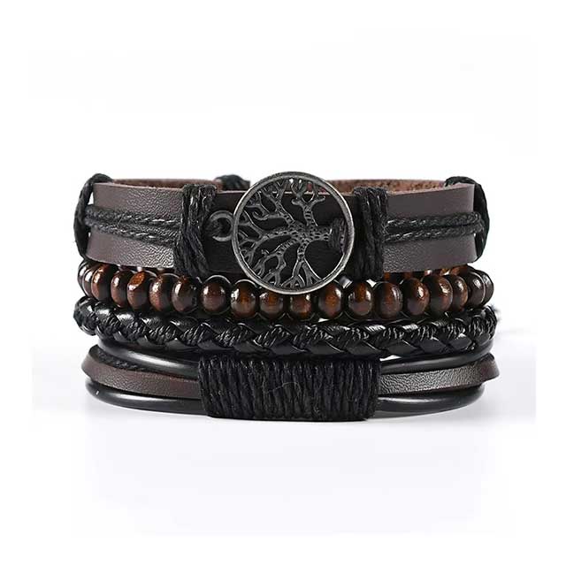 4Pcs Braided Leather Wrap Bracelets for Men – Vintage Tree of Life & Rudder Charm Tribal Wristbands with Wood Beads