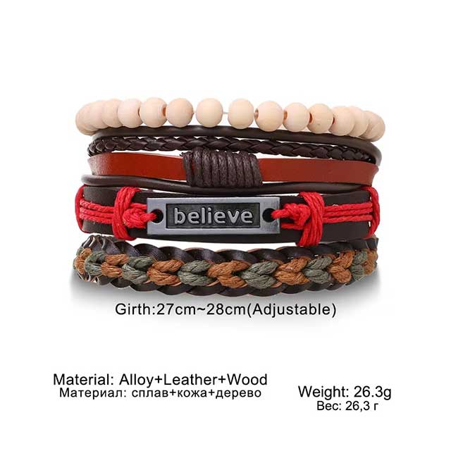 4Pcs Braided Leather Wrap Bracelets for Men – Vintage Tree of Life & Rudder Charm Tribal Wristbands with Wood Beads