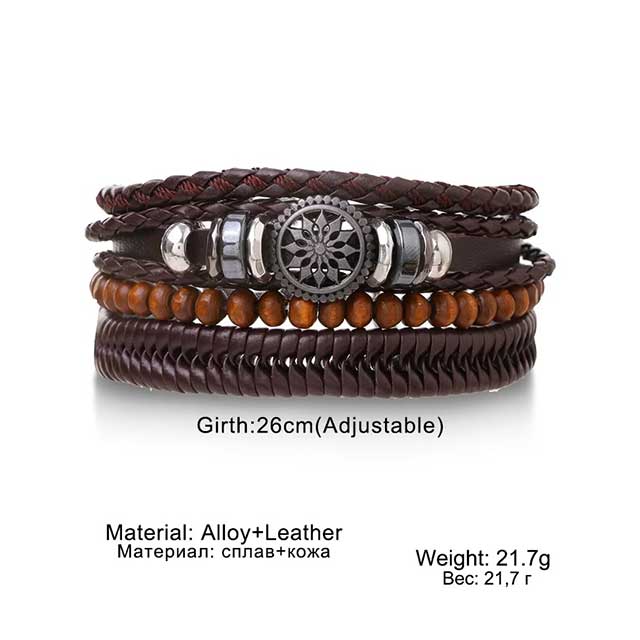 4Pcs Braided Leather Wrap Bracelets for Men – Vintage Tree of Life & Rudder Charm Tribal Wristbands with Wood Beads