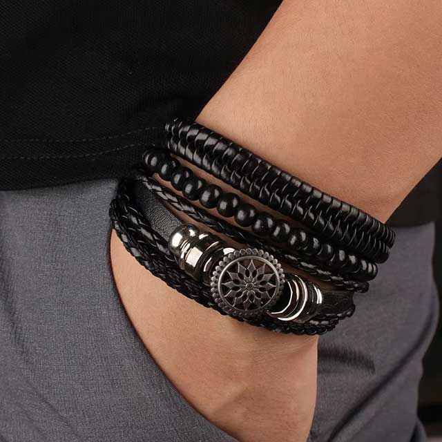 4Pcs Braided Leather Wrap Bracelets for Men – Vintage Tree of Life & Rudder Charm Tribal Wristbands with Wood Beads