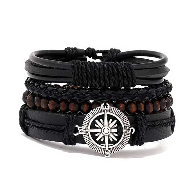 4Pcs Braided Leather Wrap Bracelets for Men – Vintage Tree of Life & Rudder Charm Tribal Wristbands with Wood Beads