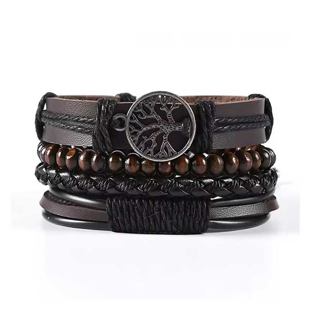 4Pcs Braided Leather Wrap Bracelets for Men – Vintage Tree of Life & Rudder Charm Tribal Wristbands with Wood Beads