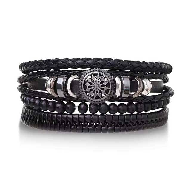 4Pcs Braided Leather Wrap Bracelets for Men – Vintage Tree of Life & Rudder Charm Tribal Wristbands with Wood Beads
