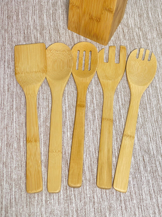 Set of 5 Bamboo Kitchen Utensils with Stand