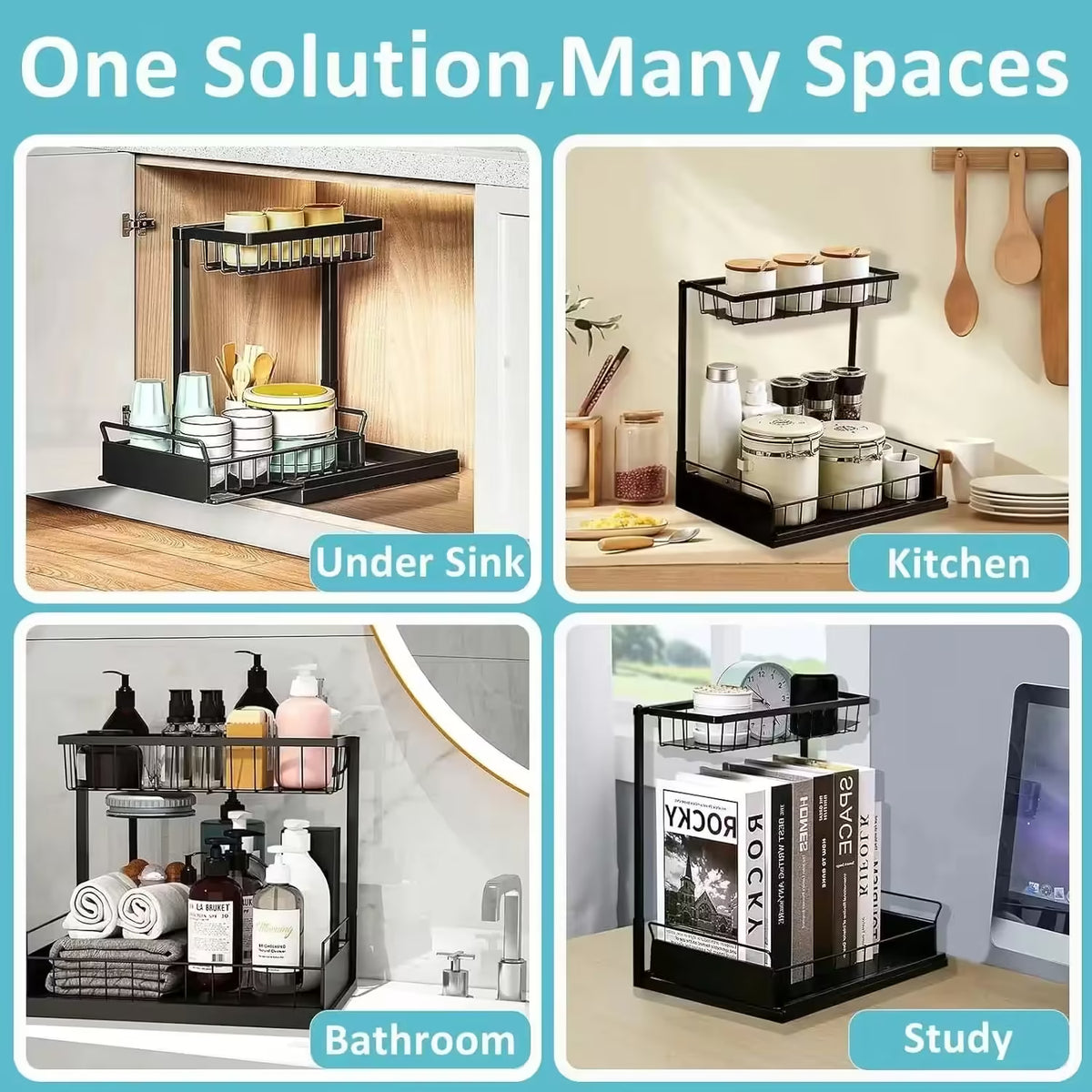 Organisateur de placard sous évier à 2 niveaux coulissant – Panier coulissant multifonctionnel pour le rangement de la salle de bain et de la cuisine