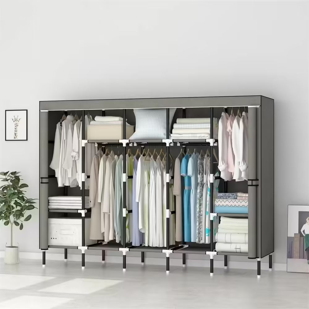 Organize with Ease: LEEGOHOME 64in/80in Fabric Wardrobe Closet with Storage Shelves & Hanging Rods