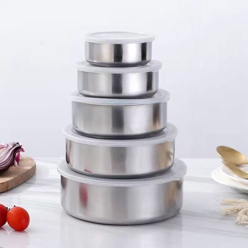 5-Piece Stainless Steel Food Storage Container Set with Airtight Lids – Multi-Size Nesting Mixing Bowls & Lunch Box Set – Stackable Meal Prep Crisper for Leftovers, Snacks, and Serving (10cm-18cm)
