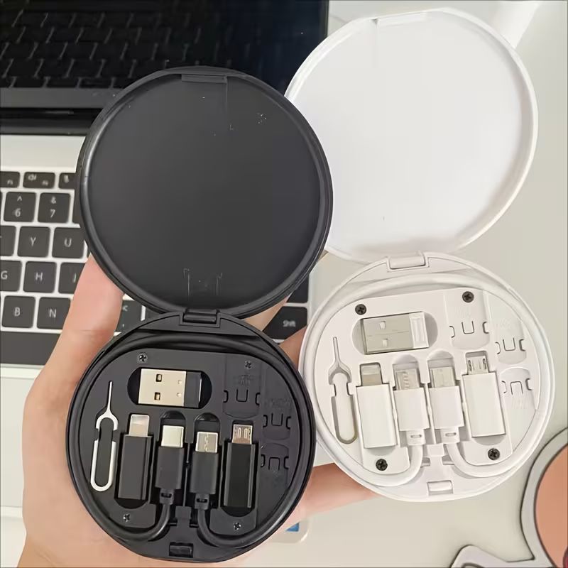5-in-1 Mini Data Cable Storage Box – 60W Fast Charging Multi-Cable Set with USB-C, Lightning, and Micro-USB Adapters – Portable Travel Tech Organizer with Phone Stand and SIM Kit