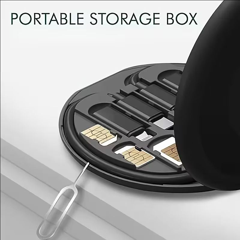 5-in-1 Mini Data Cable Storage Box – 60W Fast Charging Multi-Cable Set with USB-C, Lightning, and Micro-USB Adapters – Portable Travel Tech Organizer with Phone Stand and SIM Kit