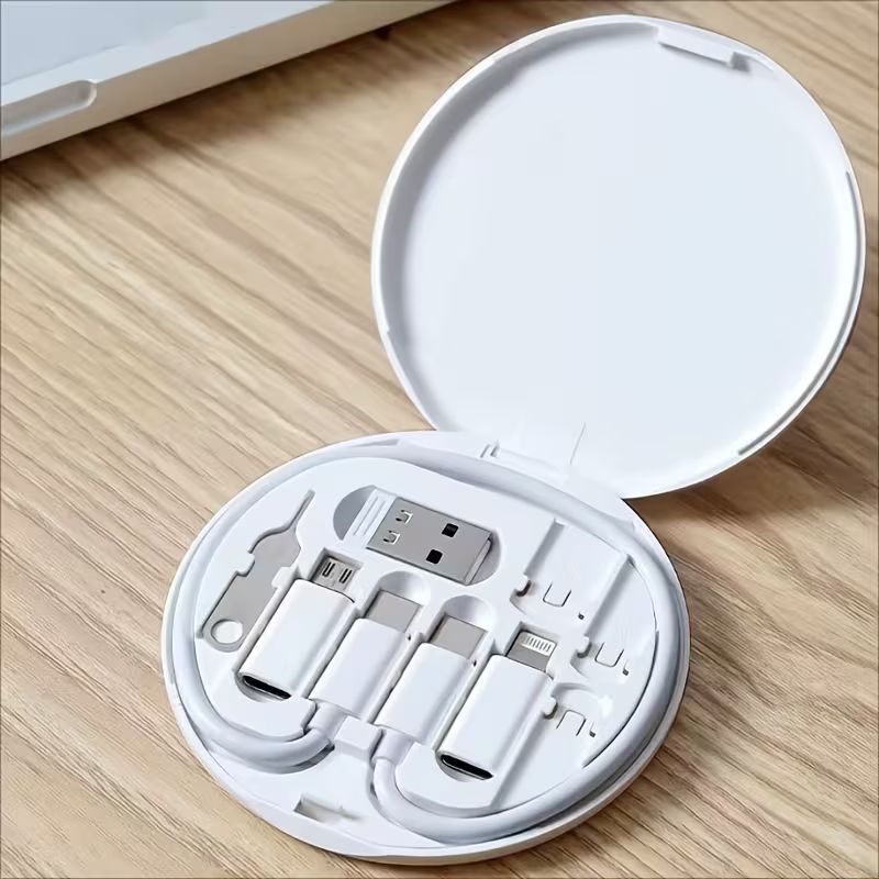 5-in-1 Mini Data Cable Storage Box – 60W Fast Charging Multi-Cable Set with USB-C, Lightning, and Micro-USB Adapters – Portable Travel Tech Organizer with Phone Stand and SIM Kit