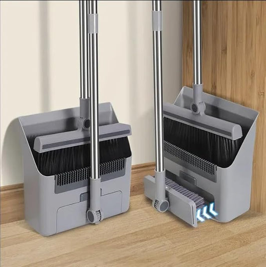 4-in-1 Professional Broom & Dustpan Set – Encrypted Thickened Soft Bristles – Integrated Comb Teeth & Mop-Friendly Design – Space-Saving Vertical Storage (White/Gray)