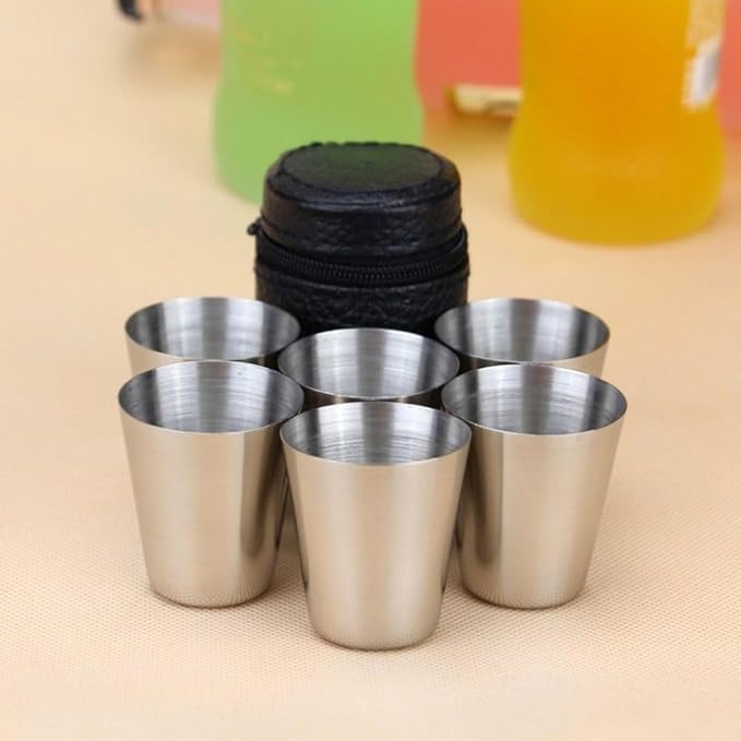 6-Piece Stainless Steel Mini Travel Cup Set – Portable Whiskey & Wine Glasses with Leather Storage Case – Compact Outdoor Drinkware for Camping, Hiking, and Picnics