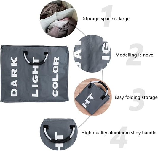 Grid Foldable Laundry Basket – Waterproof Oxford Fabric Dirty Clothes Hamper with Triple Compartments for Sorting and Storage