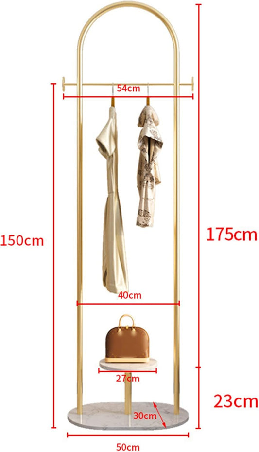 Modern Metal Free-Standing Coat Rack with Luxury Marble Base – Minimalist Bedroom Floor-Mount Clothes Hanger – Iron Wardrobe Rack with Integrated Storage Shelf – Elegant Living Room Furniture